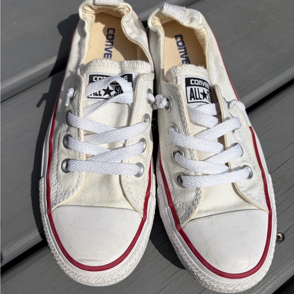 Converse Low-Top Canvas Sneakers in White with Red Trim